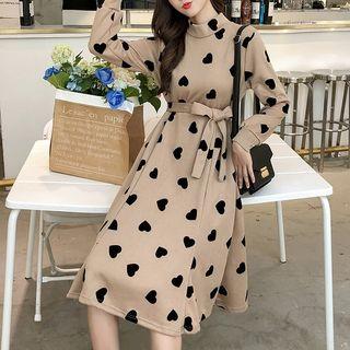 Heart Patterned Long-sleeve Midi A-line Dress