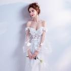 Lace Panel Off Shoulder Long Sleeve Wedding Ball Gown