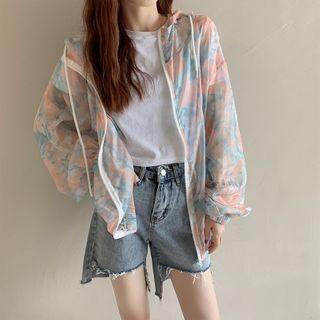 Hooded Floral Print Zip Jacket As Shown In Figure - One Size
