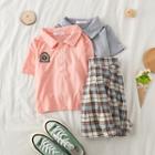 Set: Applique Cropped Polo Shirt + Check Pleated Skirt