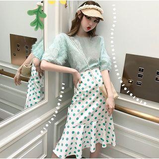 Short-sleeved Fringed Top / Dotted Mermaid Skirt