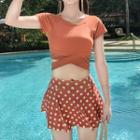 Set: Short-sleeve Swim Top + Dotted Skirt