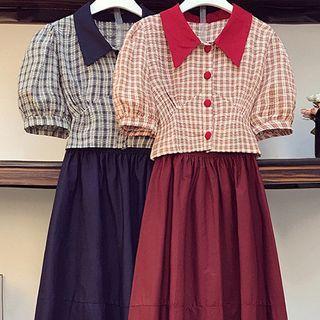 Set : Short-sleeve Plaid Blouse + Midi A-line Skirt