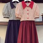 Set : Short-sleeve Plaid Blouse + Midi A-line Skirt