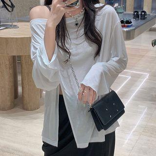 Off Shoulder Slit Long Sleeve Sheer Top