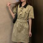 Short-sleeve Belt-waist Dress Khaki - One Size
