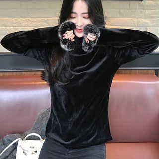Furry Trim Turtleneck Long Sleeve Velvet Top