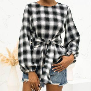 Plaid Print Lantern-sleeve Blouse