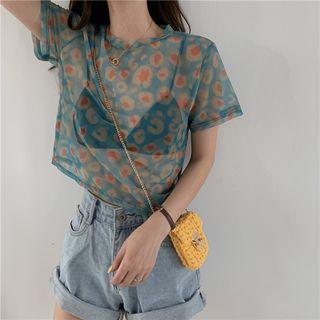 Short-sleeve Leopard Print Sheer T-shirt