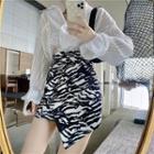 Striped Long-sleeve Loose-fit Blouse / Zebra Printed Skirt