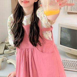 Puff-sleeve Floral Print Blouse / Midi A-line Overall Dress