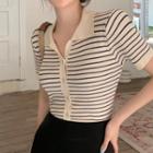 Short-sleeve Striped Knit Top Stripe - Beige - One Size