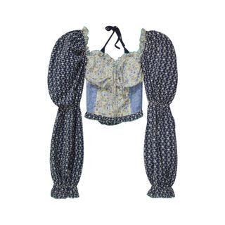 Puff-sleeve Halter Floral Print Panel Blouse