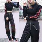 Printed Cropped Long Sleeve T-shirt / Mesh Panel Jogger Pants
