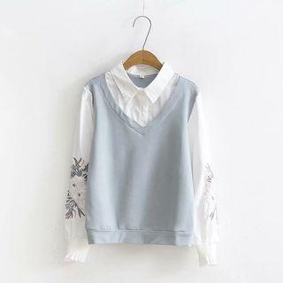 Mock Two-piece Long-sleeve Floral Embroidery Top