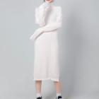 Turtleneck Long-sleeve Midi Knit Dress Pale Almond - One Size