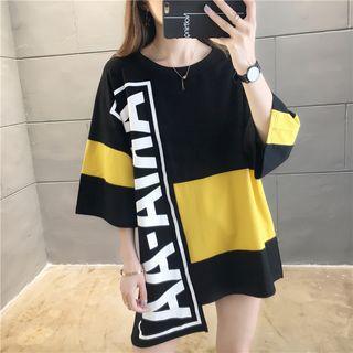 Elbow-sleeve Letter Print Color-block T-shirt