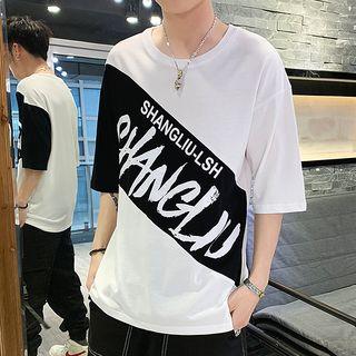Elbow-sleeve Letter-panel T-shirt