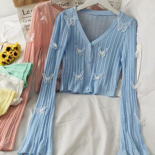 Butterfly-accent Cropped Light Knit Top In 6 Colors