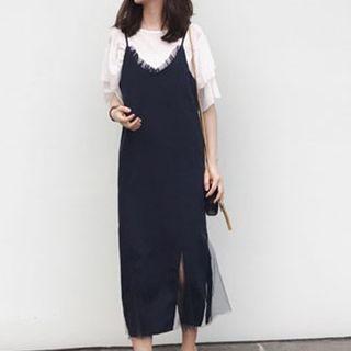 Set: Elbow-sleeve T-shirt + Mesh Panel Midi Pinafore Dress