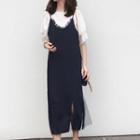 Set: Elbow-sleeve T-shirt + Mesh Panel Midi Pinafore Dress