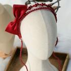 Set : Wedding Bow Bead Headband + Hair Clip Headband - Wine Red - One Size / 1 Pair - Hair Clips - Wine Red - One Size