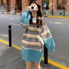 Lantern-sleeve Color Block Striped Mini Sweater Dress