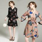 Floral Print Bell-sleeve Tie-waist V-neck Sheath Dress