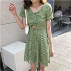 Plaid Drawstring Cut-out Short-sleeve A-line Dress Green - One Size
