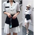 Contrast Trim Short Sleeve Shirt / Color Panel Pleated Hem Skirt