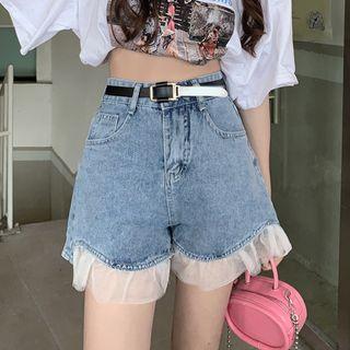 High-waist Lace Hem Denim Shorts