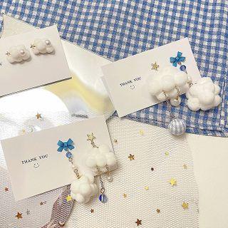Cloud Pom Pom Asymmetrical Dangle Earring