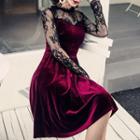 Lace Long-sleeve Velvet A-line Dress