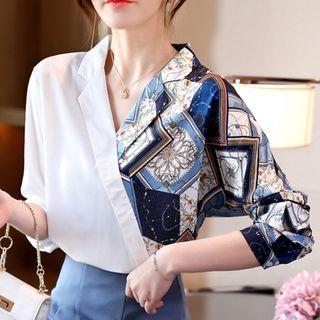 Long-sleeve Print Panel Open-collar Blouse