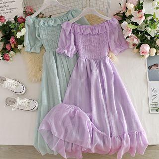 Off Shoulder Puff-sleeved Chiffon Dress