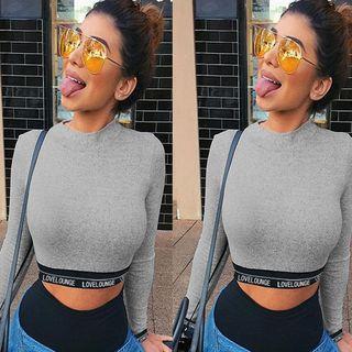 Long-sleeved Lettering Crewneck Plain Slim Top