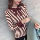 Long-sleeve Striped Tie-neck Knit Top