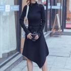 Mock Neck Tie-waist A-line Sweater Dress
