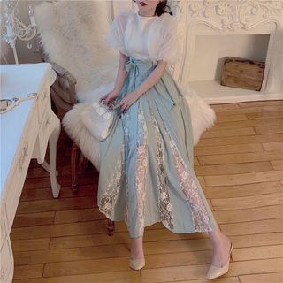Stand-collar Puff-sleeve Top / High-waist Panel Semi Skirt
