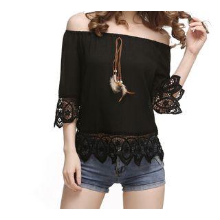 Crochet Hem Off Shoulder 3/4 Sleeve Top