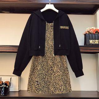 Set: Spaghetti Strap Leopard Print Mini A-line Dress + Zip-up Hoodie
