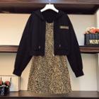 Set: Spaghetti Strap Leopard Print Mini A-line Dress + Zip-up Hoodie