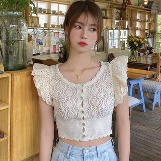 Cap-sleeve Lace Knit Top Off-white - One Size