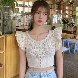 Cap-sleeve Lace Knit Top Off-white - One Size
