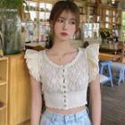 Cap-sleeve Lace Knit Top Off-white - One Size