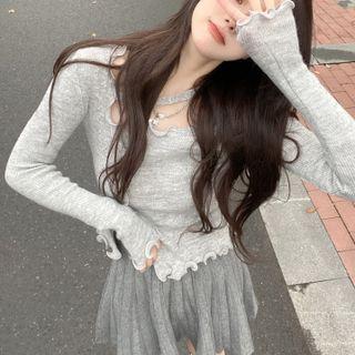 Ruffle Trim Knit Top / A-line Skirt