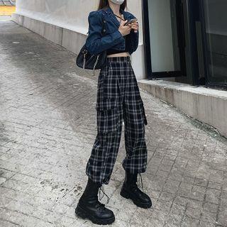 Cropped Jacket / Plaid Drawstring-cuff Wide Leg Jeans