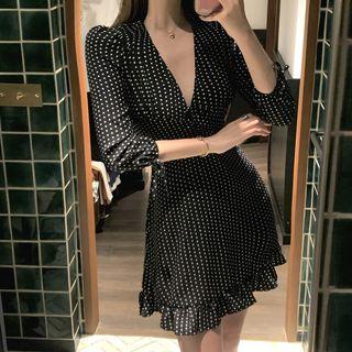 Dot V-neck Long-sleeve Slim-fit Dress As Figure - One Size