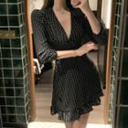 Dot V-neck Long-sleeve Slim-fit Dress As Figure - One Size