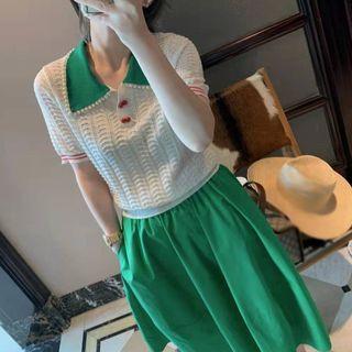 Short-sleeve Collar Top / Midi A-line Skirt